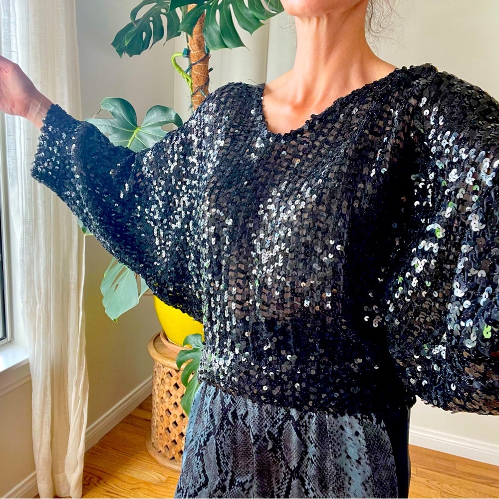 Vintage black sequin batwing top. Size L. Excellent condition.